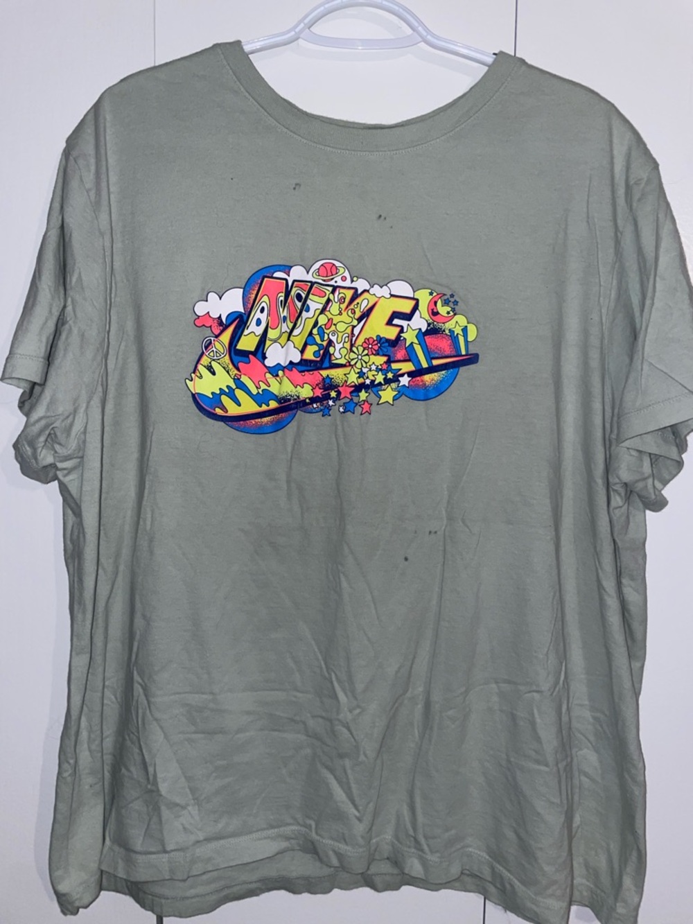 Nike Sage Green Short Sleeve Graphic Tee with Multicolor Print